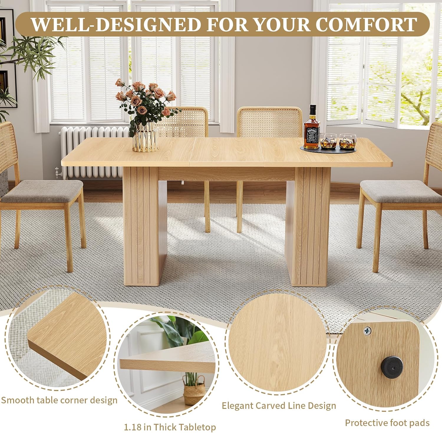 55 in–71 in Extendable Rectangular Dining Table for 4–6, Modern Farmhouse Expandable Kitchen Table with Carved Line Base, Wooden Dinner Table for Kitchen Living Room Home Office (Natural)