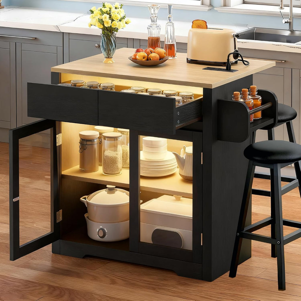 DWVO Kitchen Island with Drop Leaf, Mobile Kitchen Storage Islands with Power Outlet & LED Lights, 37.5' Rolling Dinning Table with Seating, 2 Soft Cushion Bar Stools, Towel & Spice Rack, Qak Black