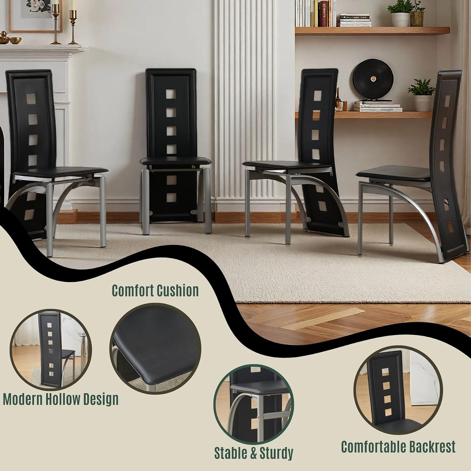 Karl home Modern Hollow Dining Chair Set of 4, Black Dining Chairs with PVC Backrest & Leather Cushion, Dining Chair for Kitchen & Dining Room, 300lbs Weight Capacity