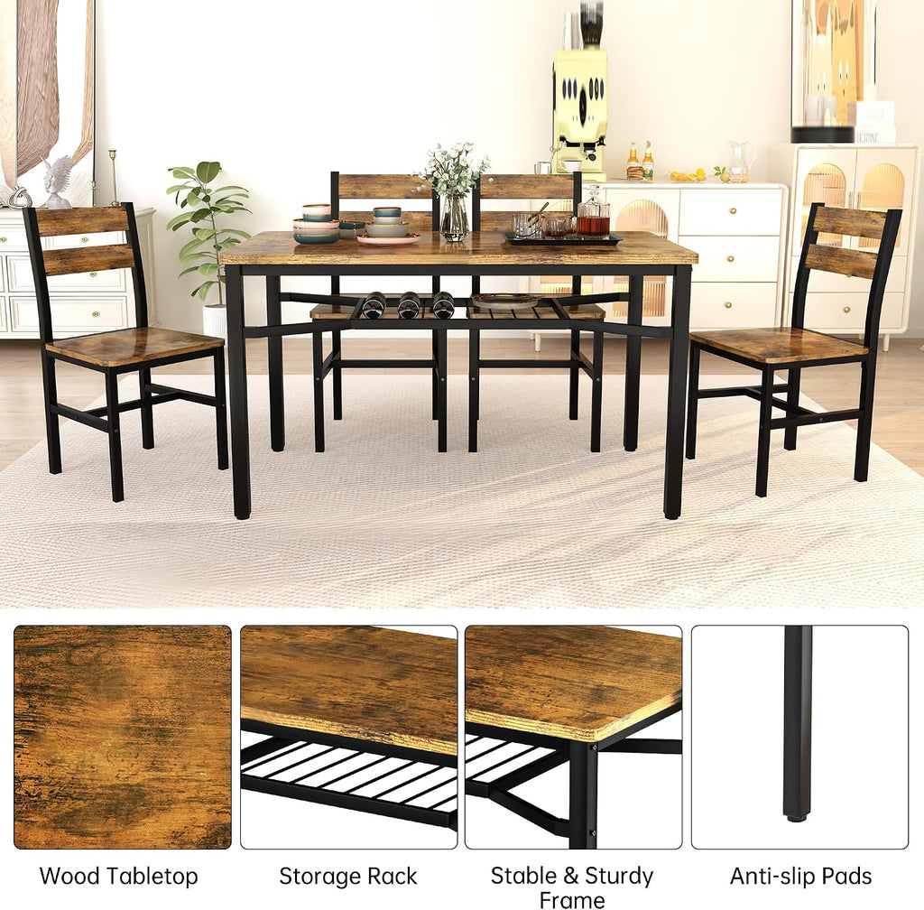 Hooseng Dining Table Set for 4, Wood Kitchen Table Chairs Set with Storage, Farmhouse 5 Piece Dining Room Table Set, Space-Saving Dinette Set for Breakfast Nook, Apartment