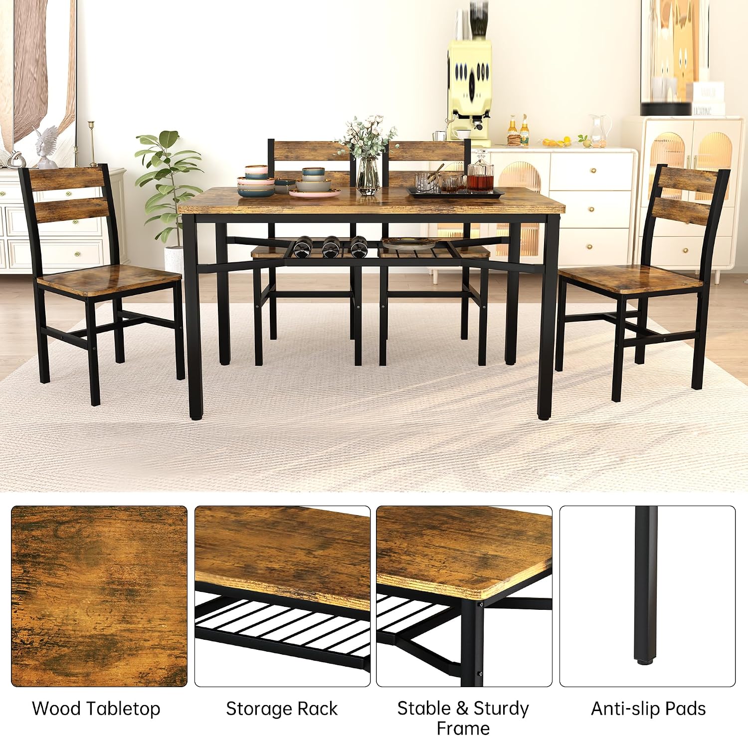 Hooseng Dining Table Set for 4, Wood Kitchen Table Chairs Set with Storage, Farmhouse 5 Piece Dining Room Table Set, Space-Saving Dinette Set for Breakfast Nook, Apartment