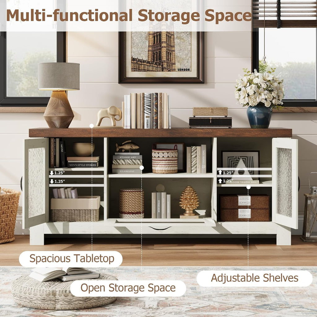 IDEALHOUSE TV Stand for 65 Inch TV, Farmhouse Entertainment Center with Acrylic Door Storage Cabinet & Adjustable Shelves, TV Console Table for Living Room Bedroom, White & Brown