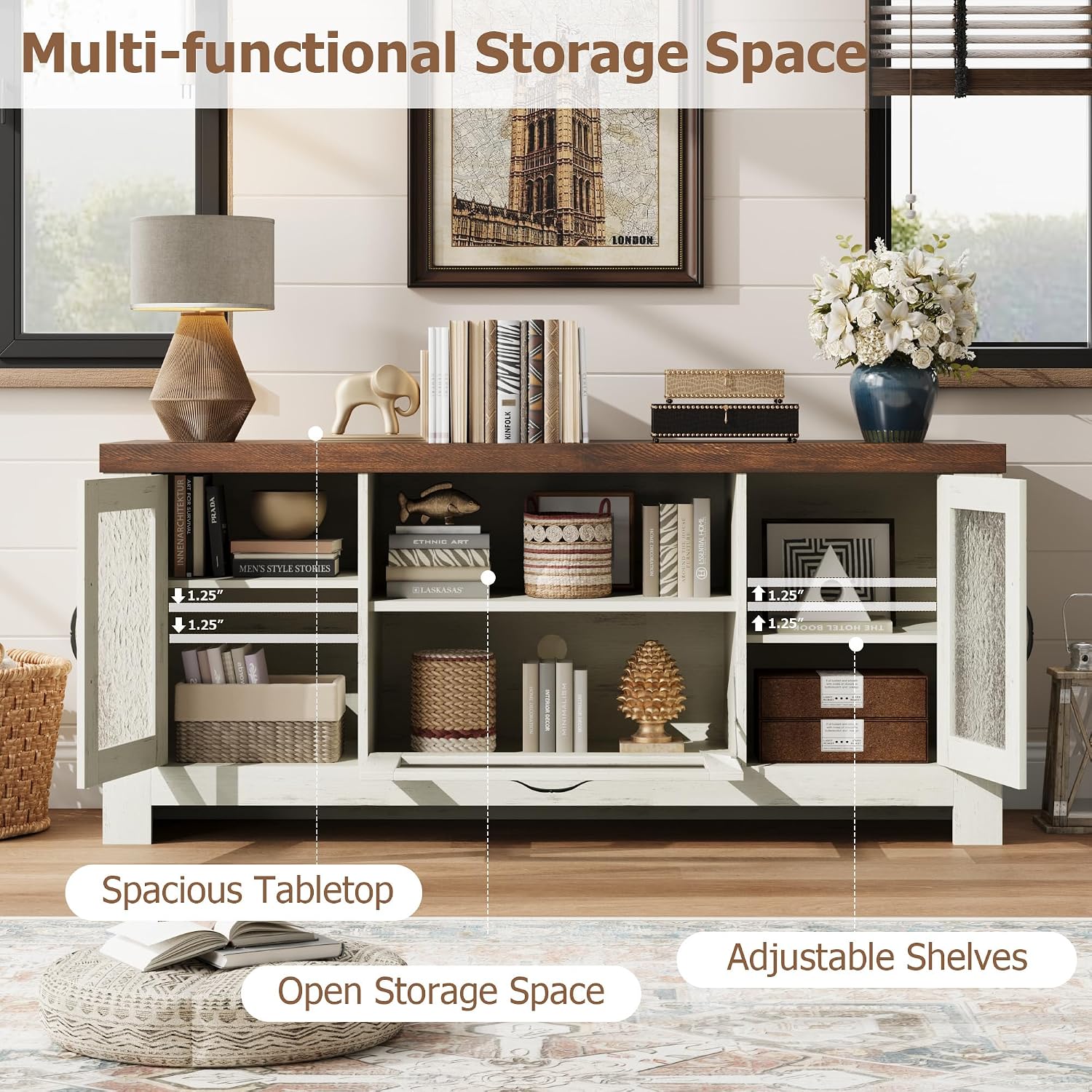 IDEALHOUSE TV Stand for 65 Inch TV, Farmhouse Entertainment Center with Acrylic Door Storage Cabinet & Adjustable Shelves, TV Console Table for Living Room Bedroom, White & Brown