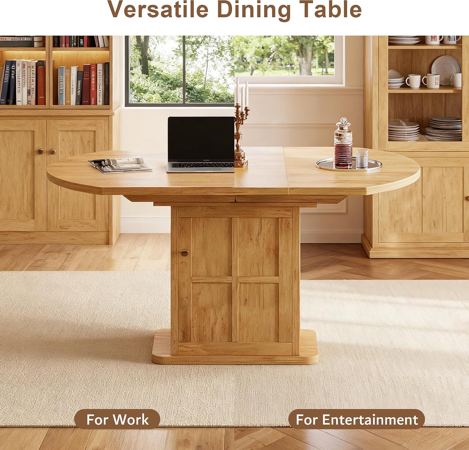 iPormis Round Dining Table for 4-6, 59'' Extendable Dining Room Kitchen Table with 2-Tier Storage Shelf, Modern Wood Dinner Table with Door & Pedestal Base, for Kitchen Living Room, Space Saving, Oak