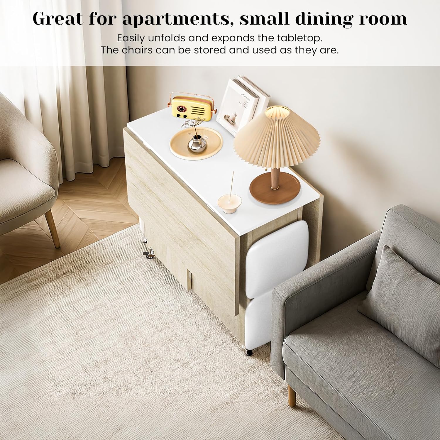 AWQM Foldable Dining Table Set for 4,Folding Dining Table with 4 Leather Chairs & Storage,Drop Leaf Dinner Table with 6 Wheels,Folding Kitchen Table and Chairs Set for Small Spaces,Beige