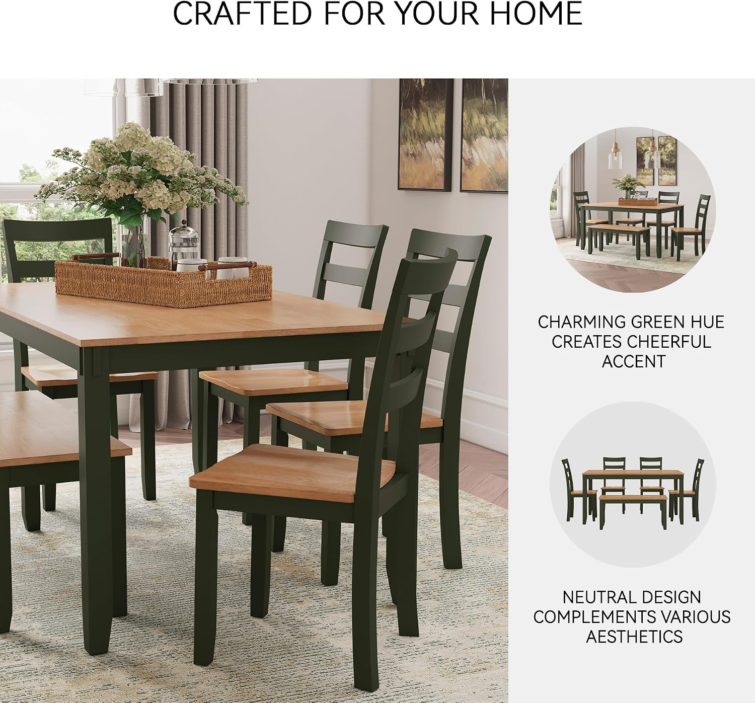 Signature Design by Ashley Gesthaven Modern Dining Table with 4 Chairs and Bench, Set of 6, Green & Light Brown