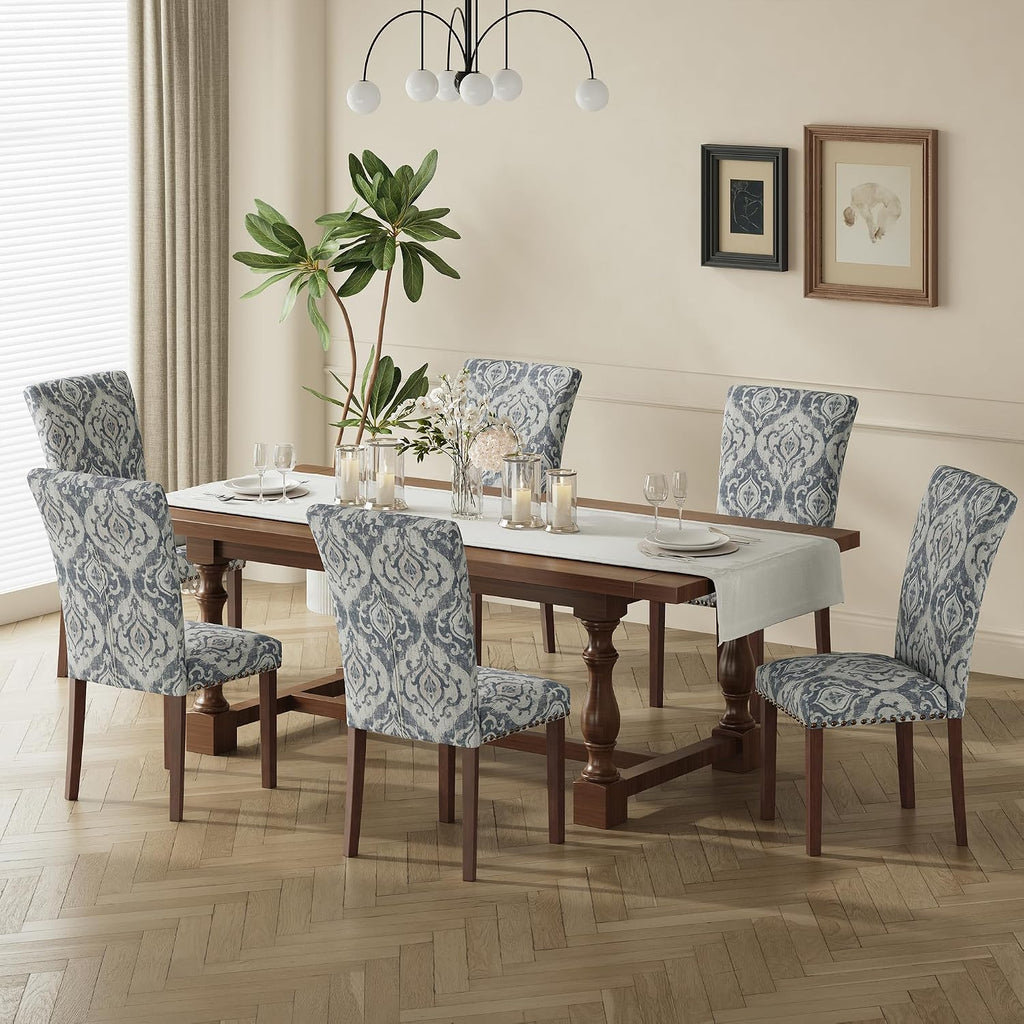COLAMY Upholstered Parsons Dining Chairs Set of 6, Fabric Dining Room Kitchen Side Chair with Nailhead Trim and Wood Legs - Blue/White Flower