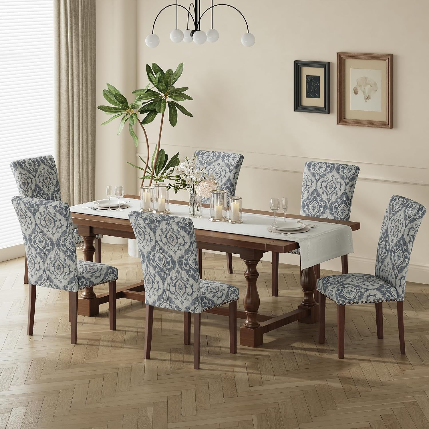 COLAMY Upholstered Parsons Dining Chairs Set of 6, Fabric Dining Room Kitchen Side Chair with Nailhead Trim and Wood Legs - Blue/White Flower