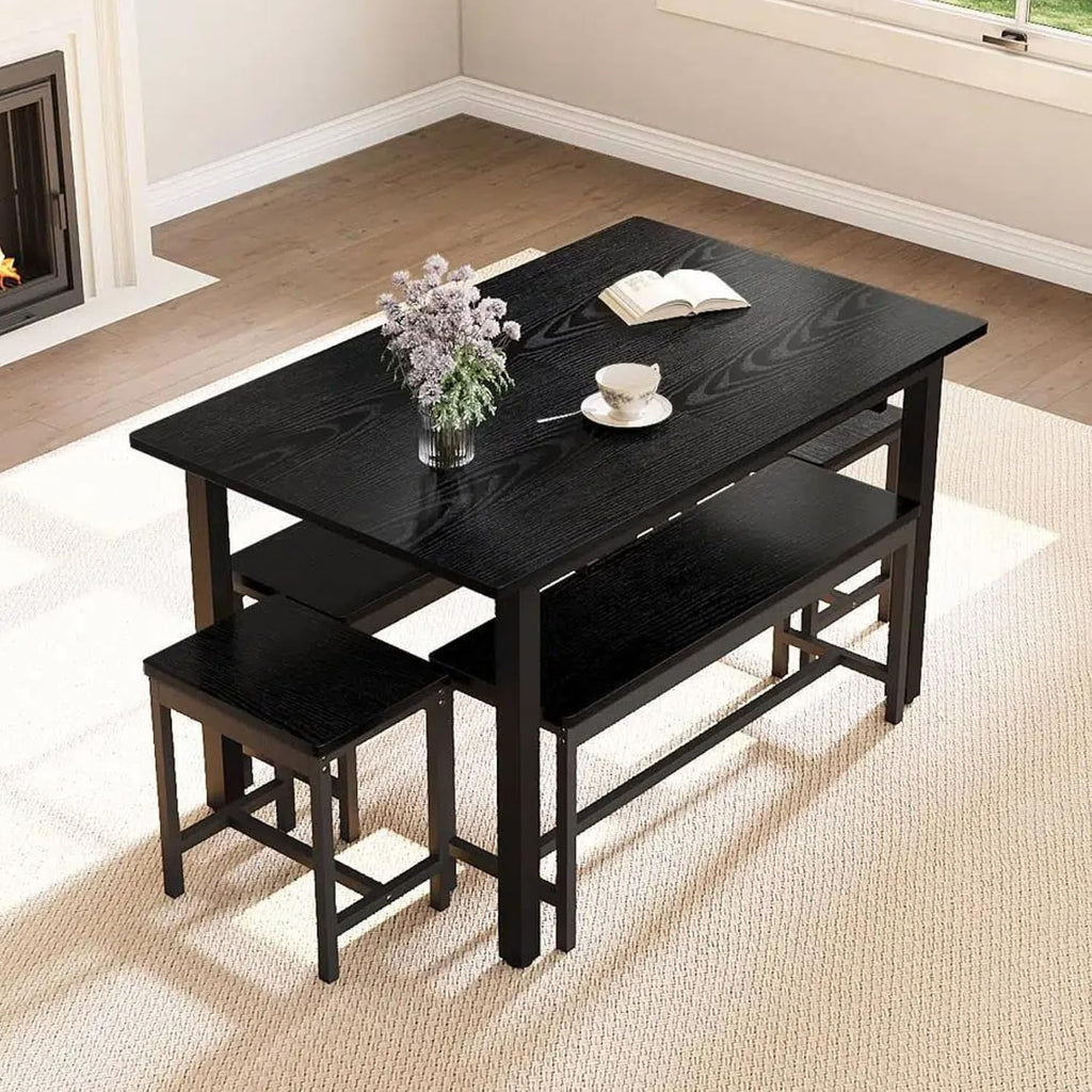 GarveeHome 5 PCs Dining Table Set for 6-8 People, 63 in Extendable Kitchen Table Set with 2 Benches and 2 Square Stools, Modern Dining Room Furniture Sets, Easy Assembly, Black