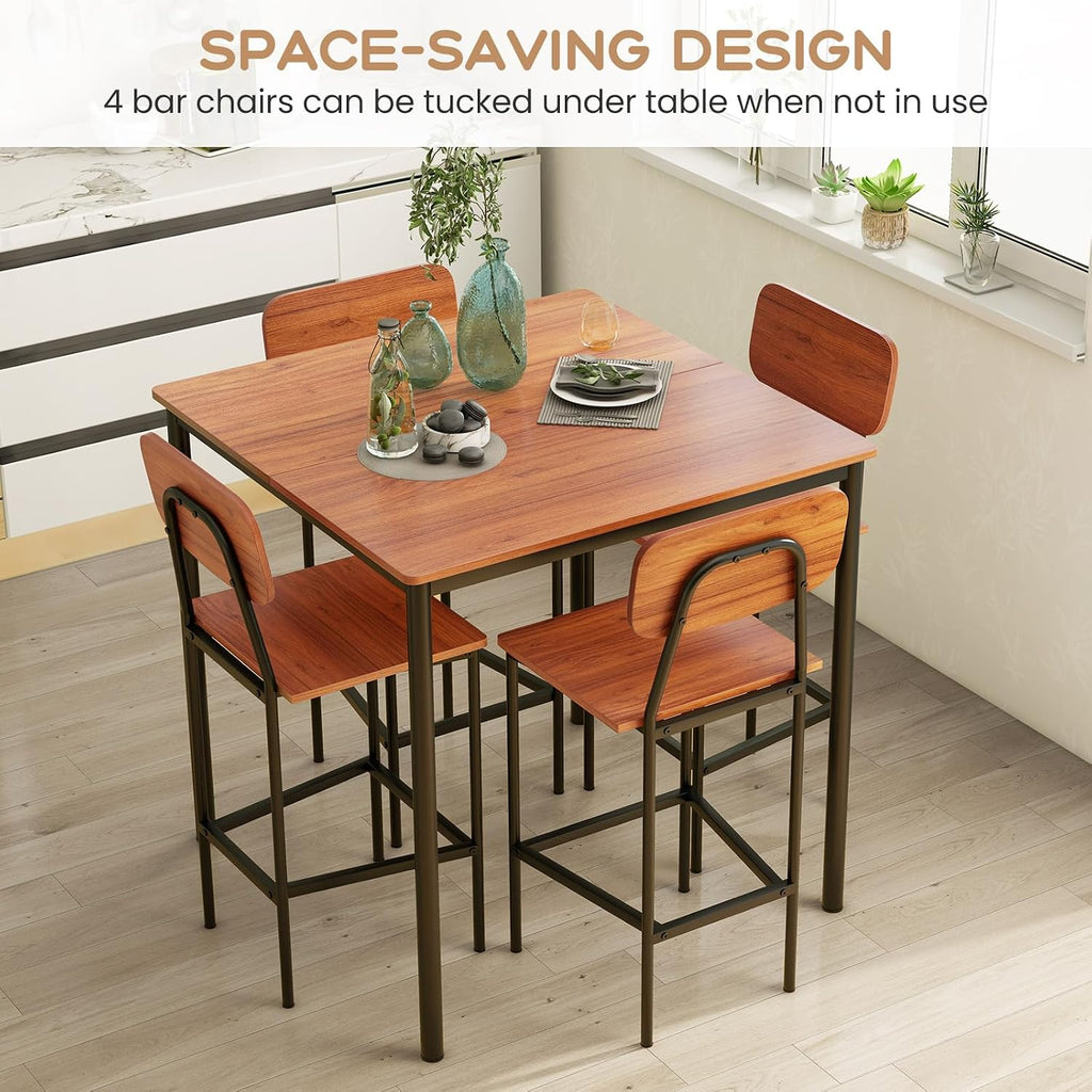 Giantex 5-Piece Dining Table Set W/Counter Height Table & 4 Bar Stools, Industrial Kitchen Dining Table Set W/Footrest & Backrest, Space-Saving Dinette Set for Pub, Dining Room, Restaurant (Walnut)