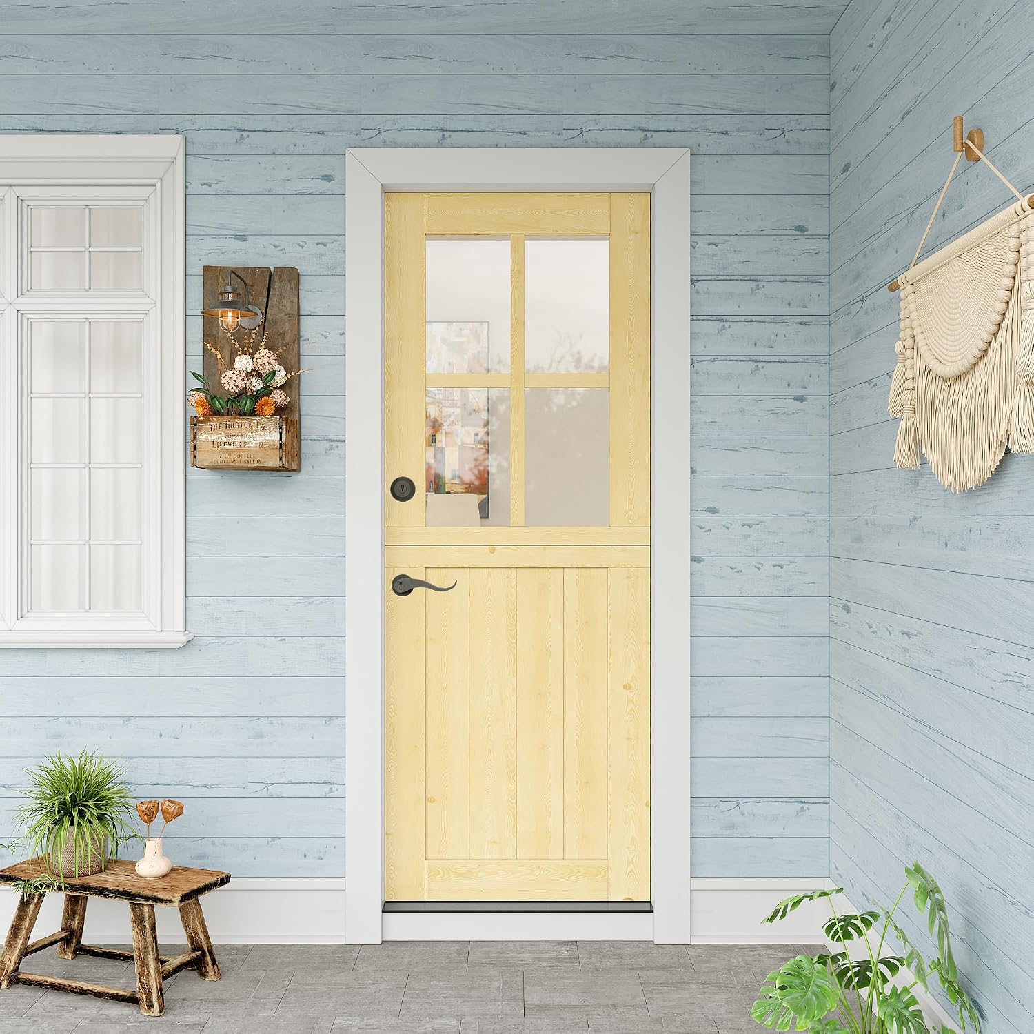 32' x 80' Exterior Prehung Dutch Entry Door (Front/Outside) - 1.75' Pine with 4-Lite Glass,Interior Doors Slab for Home Entryway/Back w/4 Hinges+1 Latch +1 Slab+1 Lock Set +1 Jamb