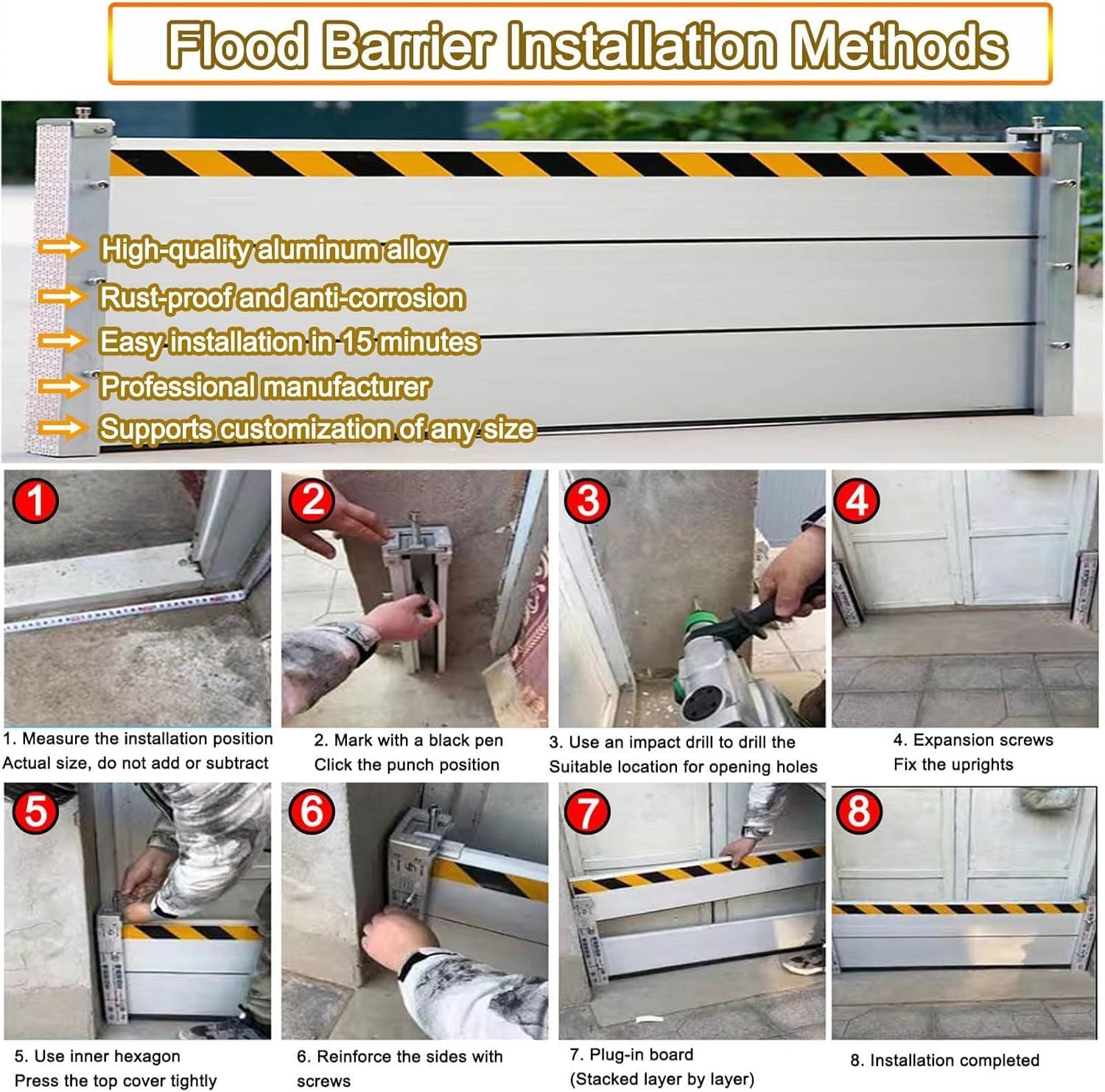 Garage Door Flood Barrier Threshold, Detachable Aluminum Shield Door Water Stopper Barrier for Basement Front Door Gates Sliding Door(H 1.3ft(40cm),3.5ft(105cm))