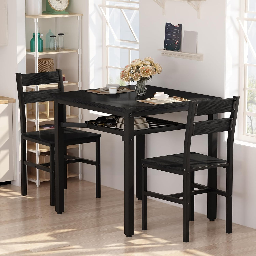 Hooseng 3 Piece Dining Table Set for 2, Small Wooden Kitchen Table with Storage, Farmhouse Square Dinette Set for Dining Room, Breakfast Nook, Apartment, Small Space
