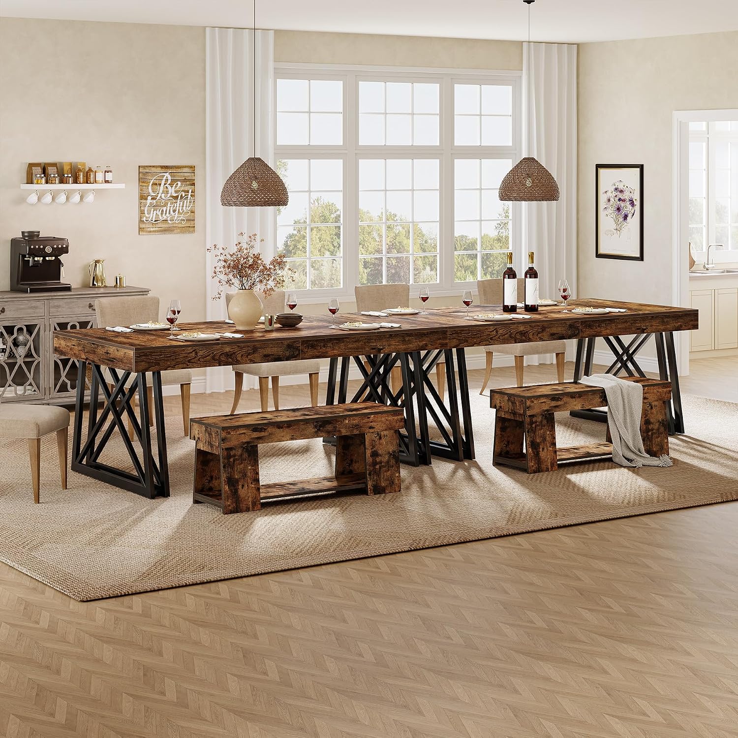 Tribesigns 63-Inch Dining Table for 4-6, Farmhouse Kitchen Table with Sturdy Metal Legs, Rectangular Dinner Furniture for Home, Living Room, Vintage Brown and Black