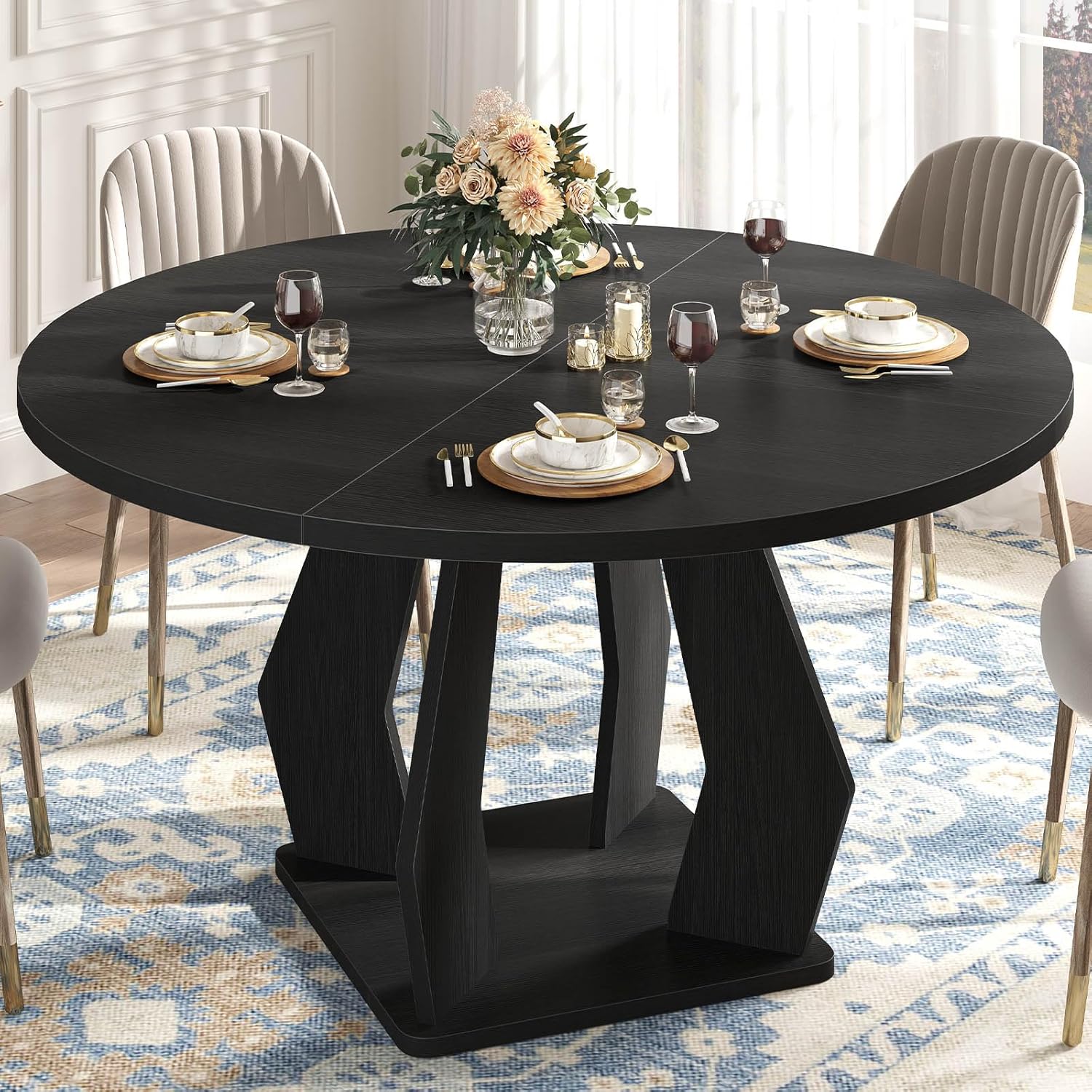 IBF Black Round Dining Table for 4-6, 47 Inch Kitchen Table with Spacious Tabletop Modern Circle Dining Table, Wood Dinner Table Pedestal Base for Dining Room, Kitchen,Living Room,Office