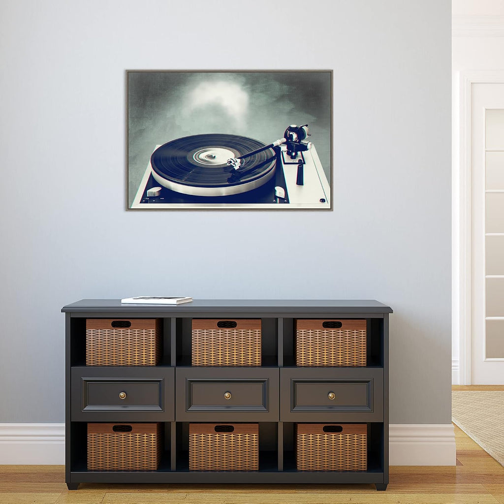 Amanti Art Framed Canvas Wall Art 23x33 Retro Record Player by Dirk Wustenhagen, Framed Wall Art Canvas, Music Artwork, Country Rustic Decor, Large Poster Painting for Living Room, Bedroom, Bathroom,