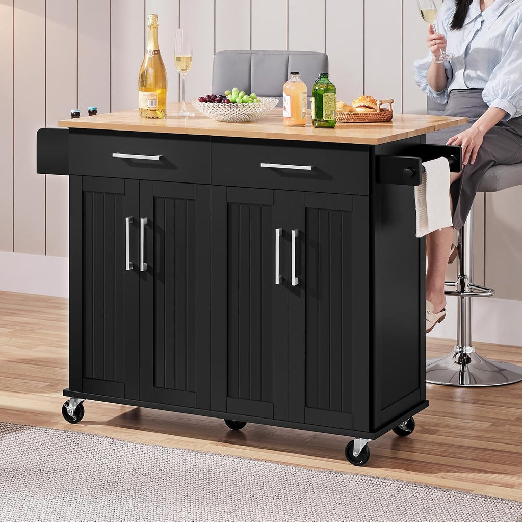 Yaheetech Kitchen Island Cart with Drop Leaf, 49' Rolling Island Table with Storage, Drawer, Kitchen Cart with Rubberwood Top, Detachable Towel & Spice Rack, Black