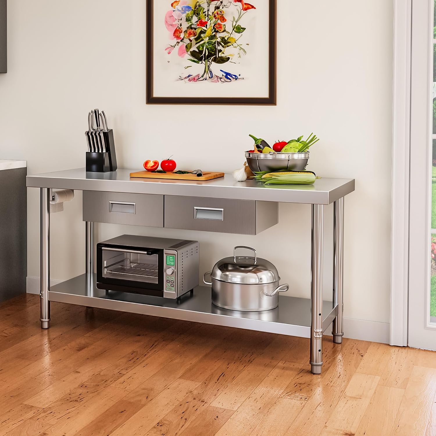 YITAHOME 60' X 24' Stainless Steel Table with Paper Towel Holder and 2 Drawers, NSF Work Table with Drawer, Metal Table Prep Table for Home Kitchen Restaurant Garage Warehouse
