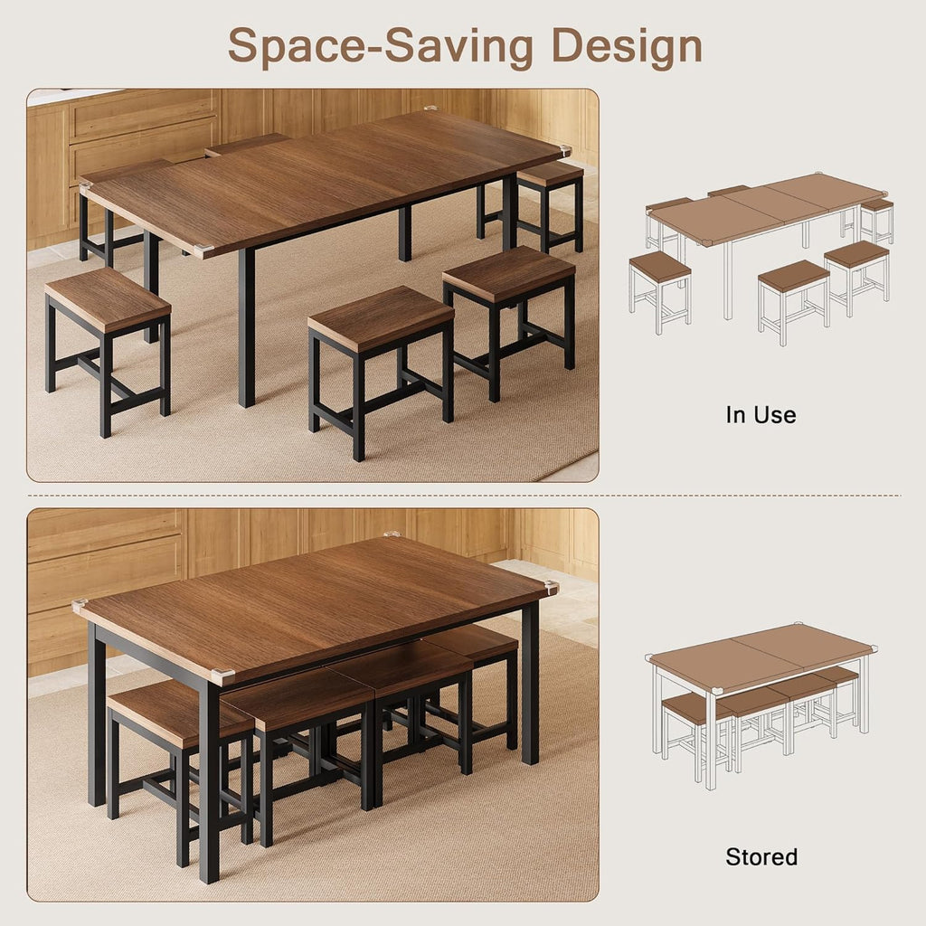 Einhomn 7-Piece Dining Table Set, 63' Extendable Kitchen Room Table with 6 Stools, Mid Century Modern Dinner Table with Metal Frame & MDF Board, Space-Saving, Easy Assembly, Walnut