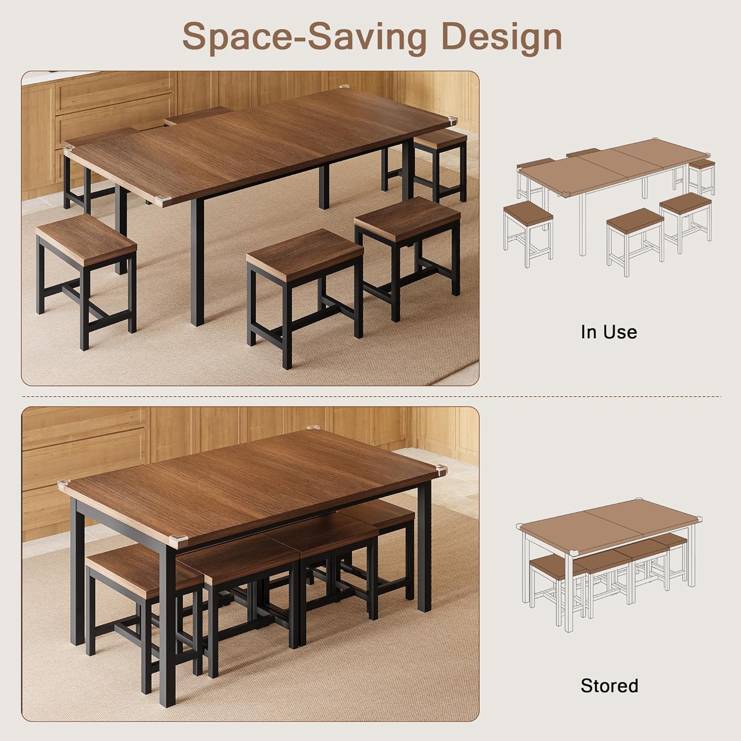 Einhomn 7-Piece Dining Table Set, 63' Extendable Kitchen Room Table with 6 Stools, Mid Century Modern Dinner Table with Metal Frame & MDF Board, Space-Saving, Easy Assembly, Walnut