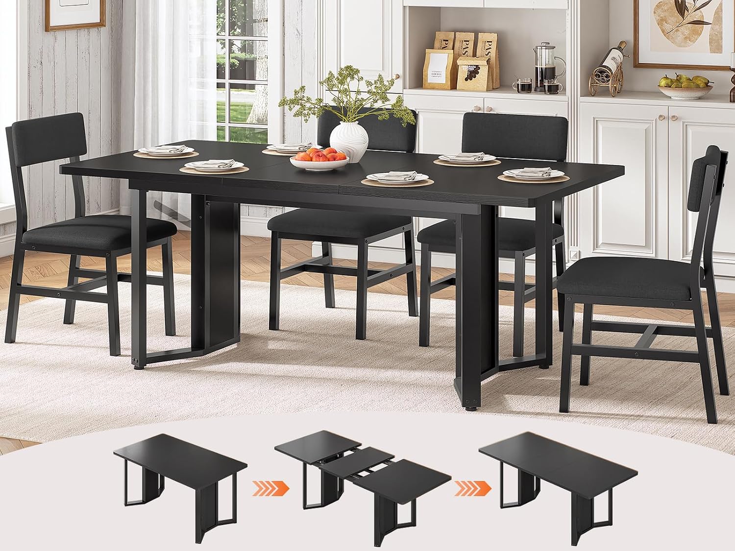 Itaar 5-Piece Dining Table Set for 4-6 People, 63' Extendable Kitchen Table and 4 Cushion Chairs, Dining Room Table with MDF Board & Metal Frame for Small Space, Easy Clean, Black