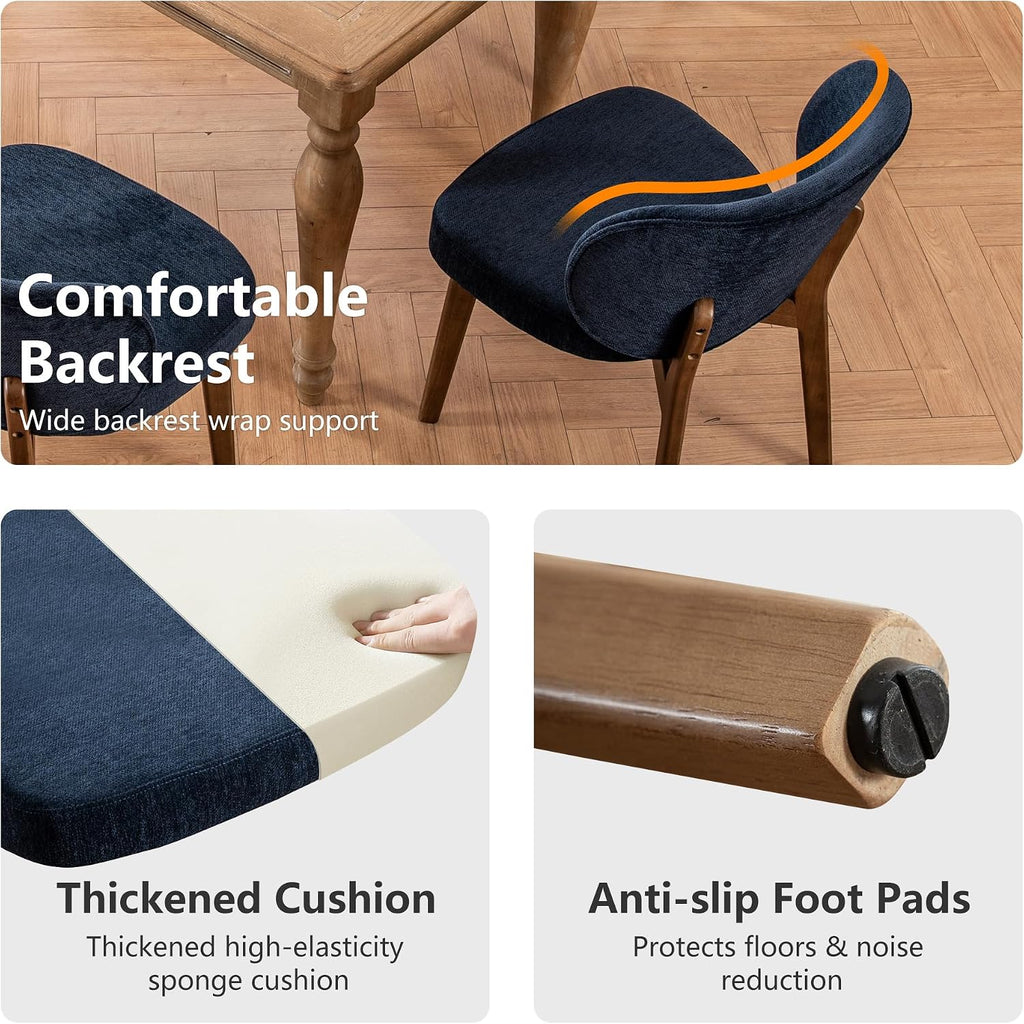 YOUNIKE Dining Chair with Back Single Mid Century Modern Kitchen Chair Boucle Fabric Upholstered Armless Chair 20' Wide Padded Seat with Wooden Legs for Kitchen Dining Living Room Bedroom Navy Blue