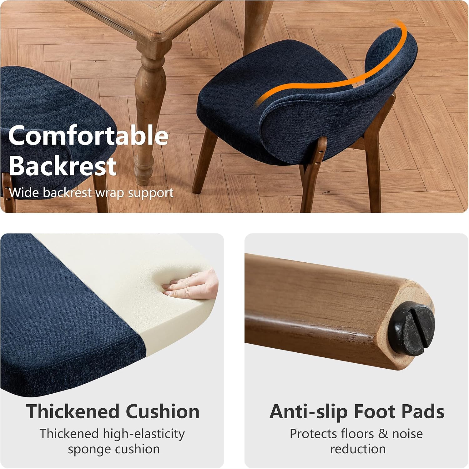 YOUNIKE Dining Chair with Back Single Mid Century Modern Kitchen Chair Boucle Fabric Upholstered Armless Chair 20' Wide Padded Seat with Wooden Legs for Kitchen Dining Living Room Bedroom Navy Blue