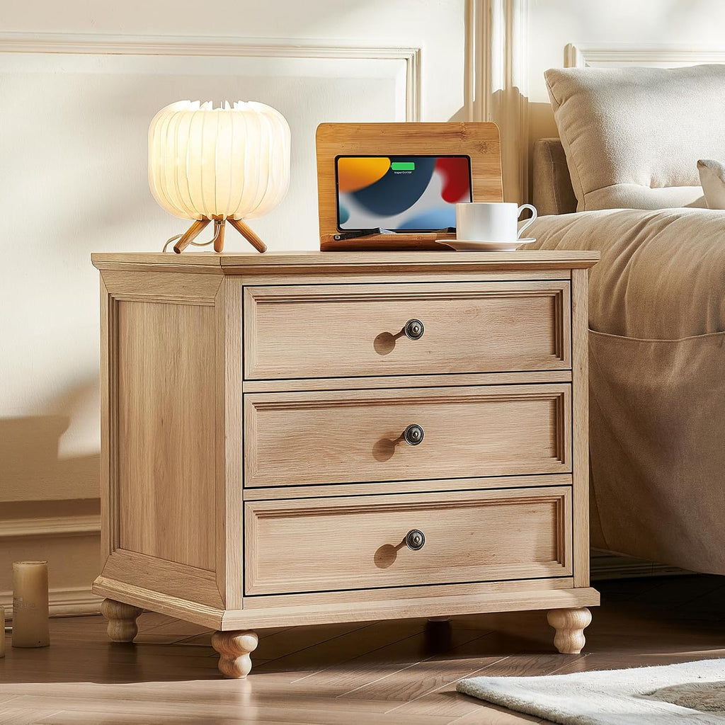 Joaxswe 24' Wide Farmhouse Night Stand Set of 2,Large End Table with 3 Drawers & Metal Handle,Wood Dresser for Bedroom,Bed Side Table Chest of Drawers Cabinet,Natural Nightstand for Living Room,Closet