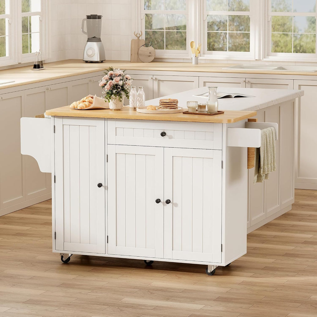 GRUSIGN Kitchen Island with Storage, 41.7' Rolling Cart with Drop Leaf, Portable Island Table on Wheels, Spice Rack, Towel Rack and Drawer, White, 41.7' L x 29.5' W
