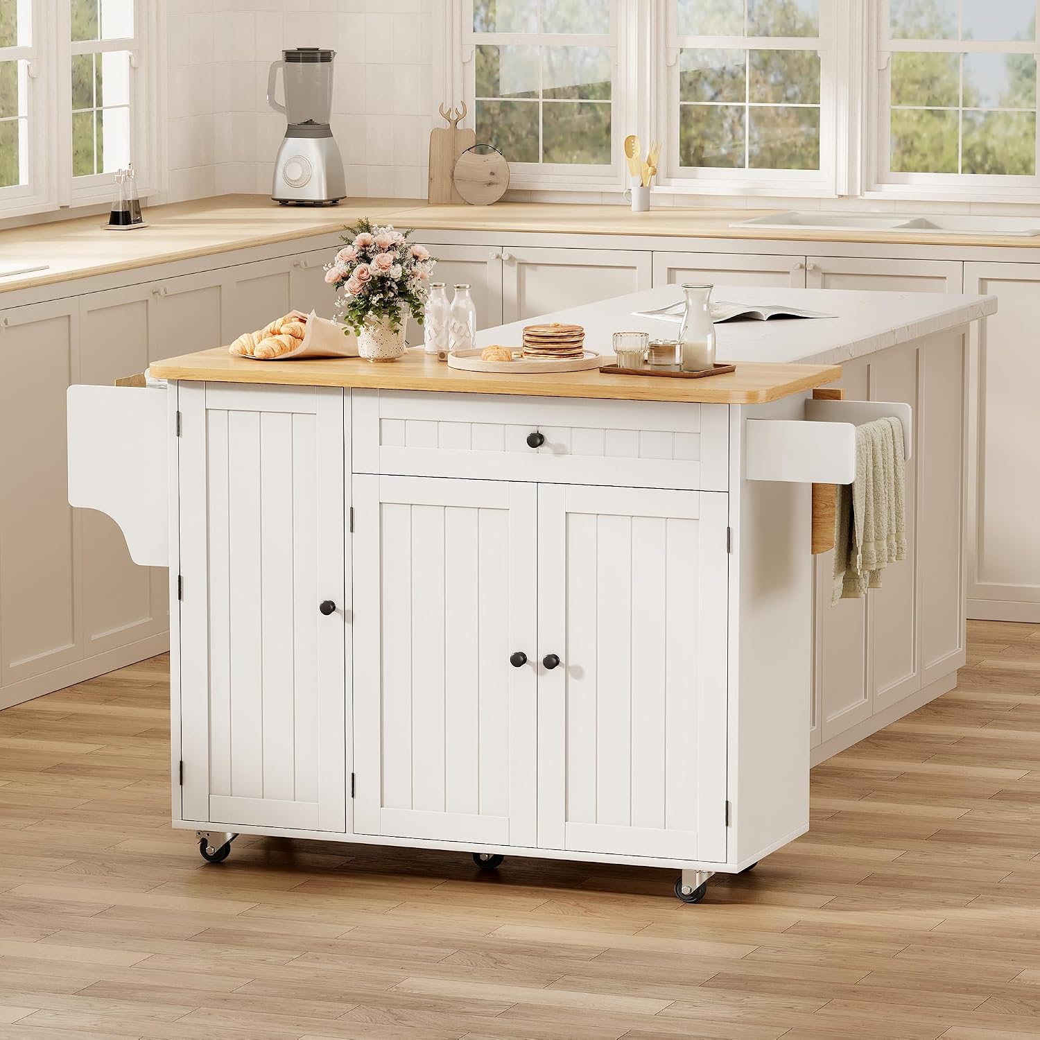 GRUSIGN Kitchen Island with Storage, 41.7' Rolling Cart with Drop Leaf, Portable Island Table on Wheels, Spice Rack, Towel Rack and Drawer, White, 41.7' L x 29.5' W
