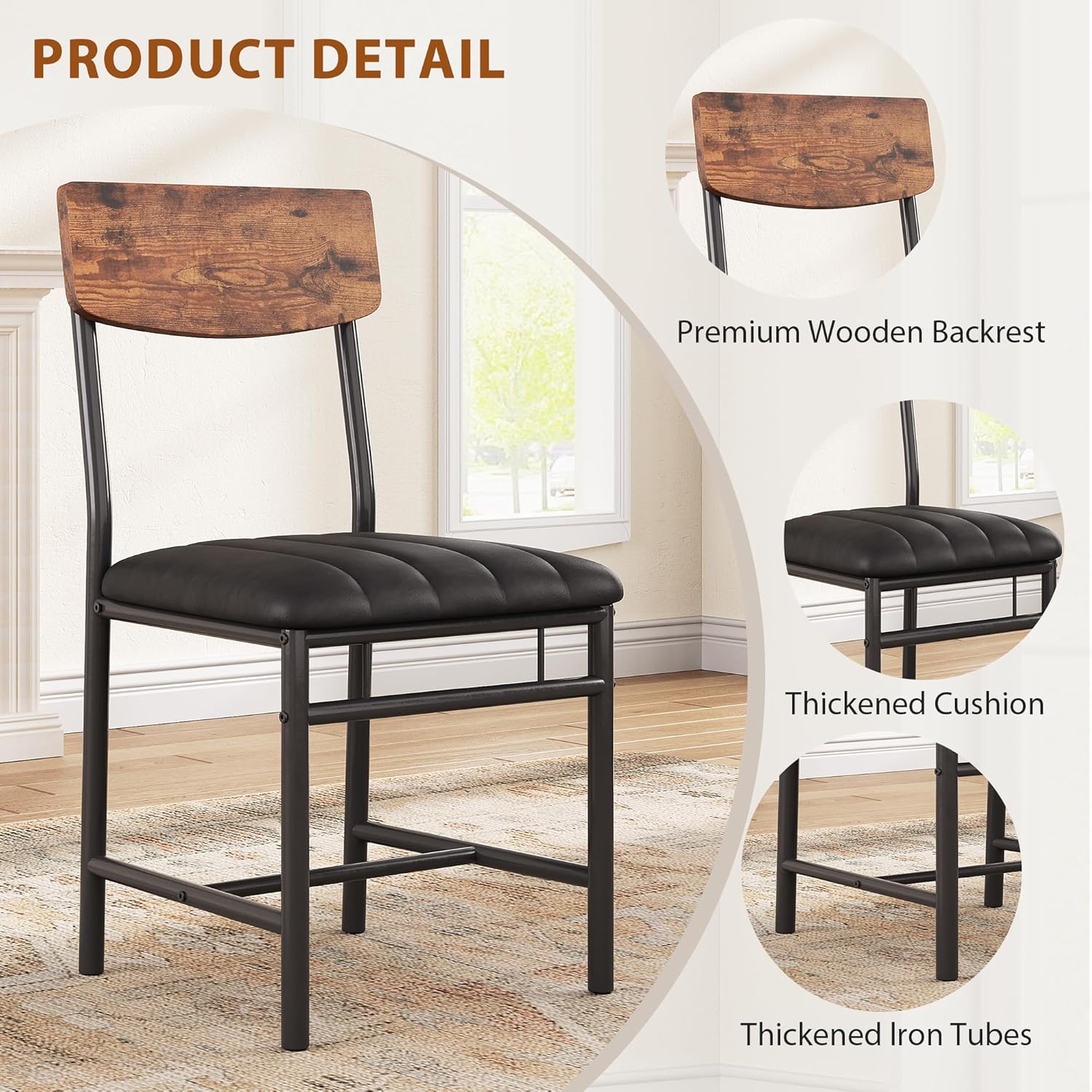 Jocoevol Industrial Dining Chairs Set of 6 - Upholstered Dining Room Chairs with PU Leather, Kitchen Chairs with Wooden Backrest and Thickened Metal Legs, for Dining Room, Living Room (6, Vintage)