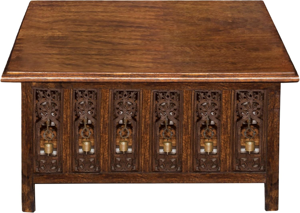 COTTON CRAFT Solid Wood Coffee Table – Ghanti Bells Hand Carved Center Table with Foldable Legs – Decorative Table - Living Room Small Spaces Bedroom - No Tools Assembly -30.5x21.5x18- Antique Brown