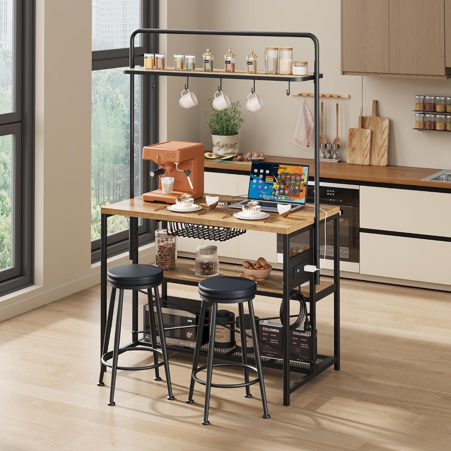 Garvee Kitchen Island with Power Outlet & 2 Bar Stools, Industrial Bakers Rack with 3-Tier Shelves & 5 Hooks, Microwave Stand Coffee Bar Table for Dining Room, Living Room, Apartment