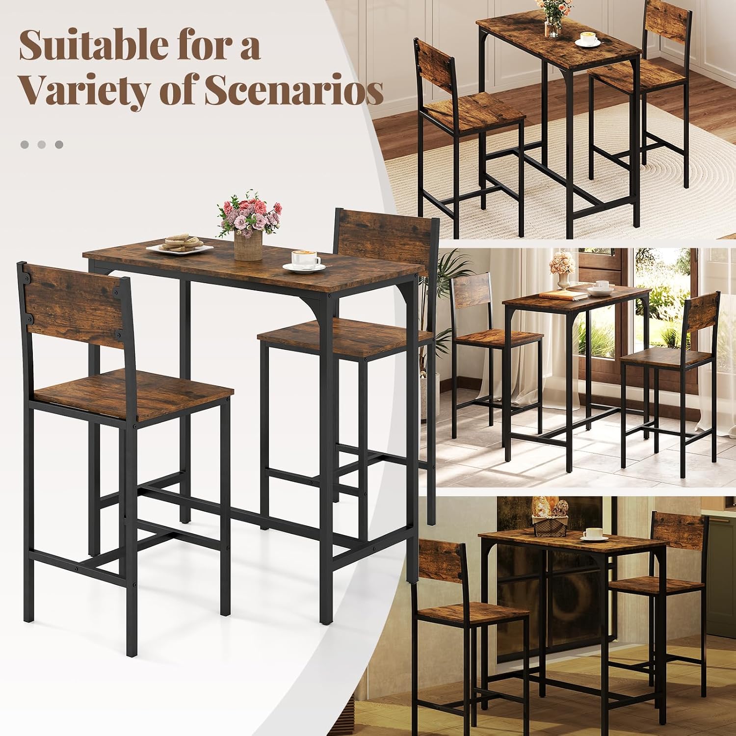 Giantex 3-Piece Bar Table and Chair Set with 2 Counter Height Bar Stools, Breakfast Nook Table Set for Small Space, Dinette, Pub, Kitchen, Apartment, Restaurant, Dining Table Set for 2 (Brown)