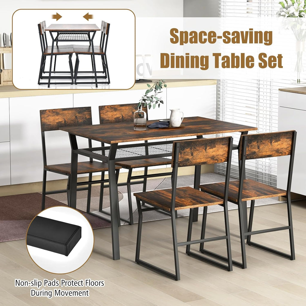 Giantex Dining Table Set for 4, 47'L x 28'W Rectangular Kitchen Table w/ 4 Trapezoid Chairs, Reinforced Metal Frame & Storage Rack, Industrial Space-Saving Dinette Set for Kitchen Dining Room (Brown)