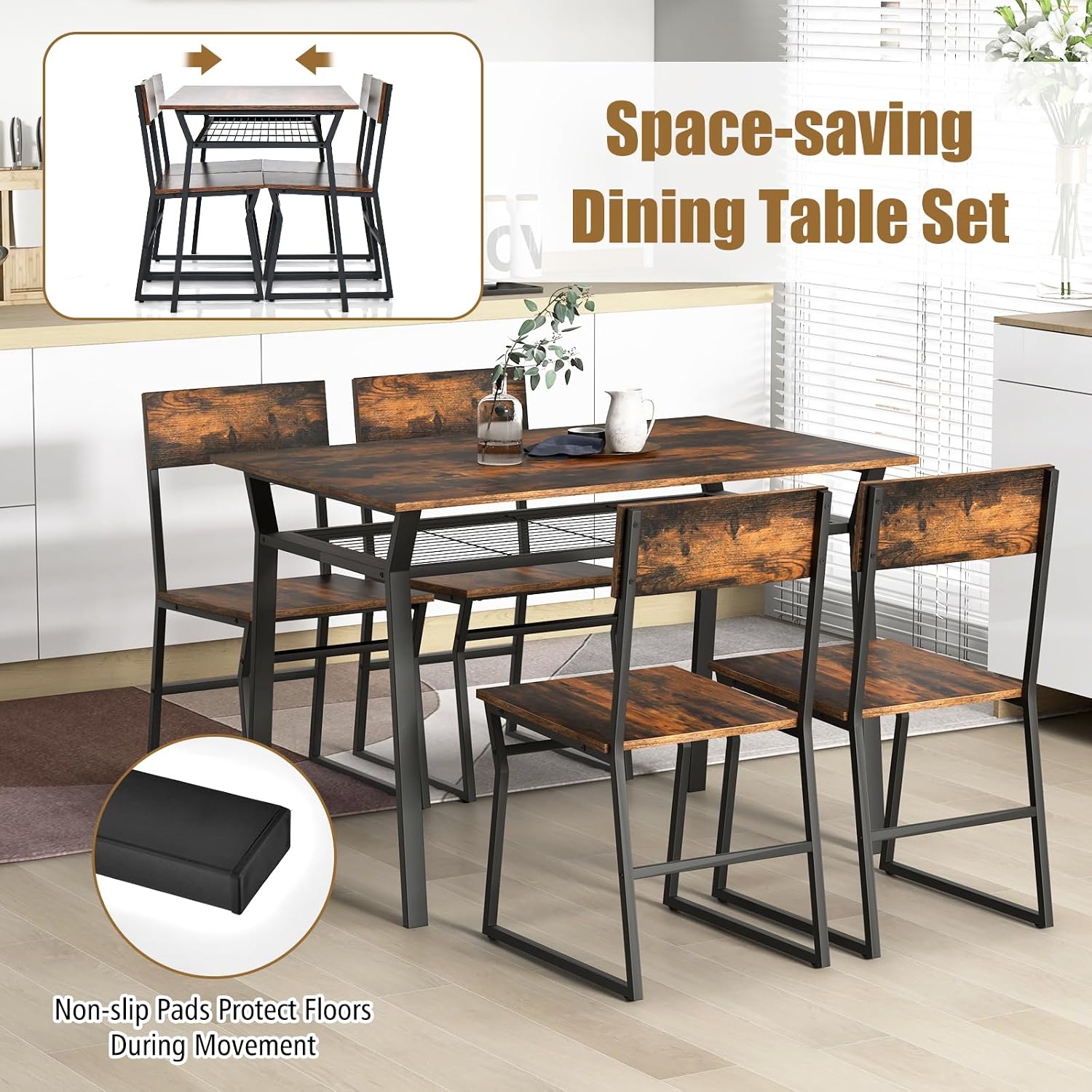 Giantex Dining Table Set for 4, 47'L x 28'W Rectangular Kitchen Table w/ 4 Trapezoid Chairs, Reinforced Metal Frame & Storage Rack, Industrial Space-Saving Dinette Set for Kitchen Dining Room (Brown)