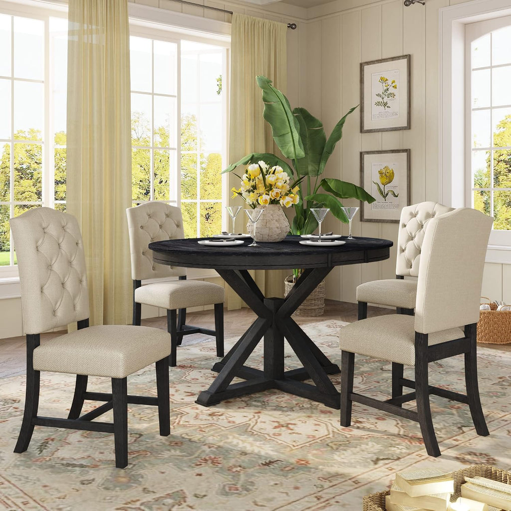 Bellemave Extendable Dining Table Set for 4, 5-Piece Round Table Set with 4 Chairs, Circle Table with Upholstered Chairs, Oval Kitchen Table Set with Extendable Table (Espresso)