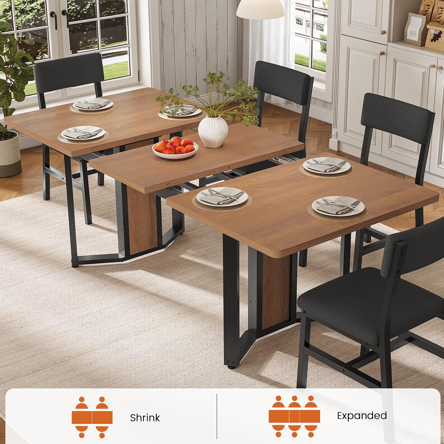 Itaar 5-Piece Dining Table Set for 4-6 People, 63' Extendable Kitchen Table and 4 Cushion Chairs, Dining Room Table with MDF Board & Metal Frame for Small Space, Easy Clean, Brown