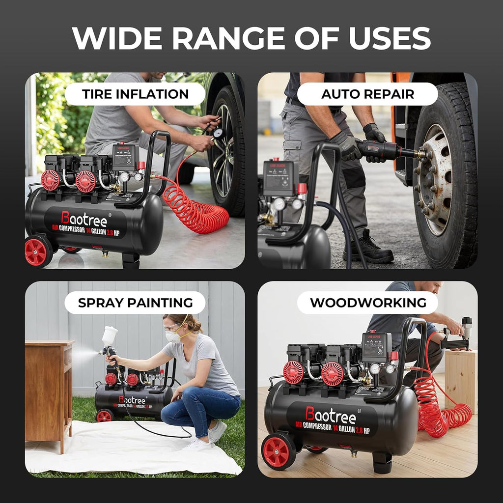 14 Gallon Ultra Quiet Air Compressor with Two Quick Couplers, 2.8HP MAX 115PSI Oil-Free Air Compressor Steel Tanks, 70dB Air Compressor with Wheels for Spray Painting, Auto Repair, Woodwork Nailing
