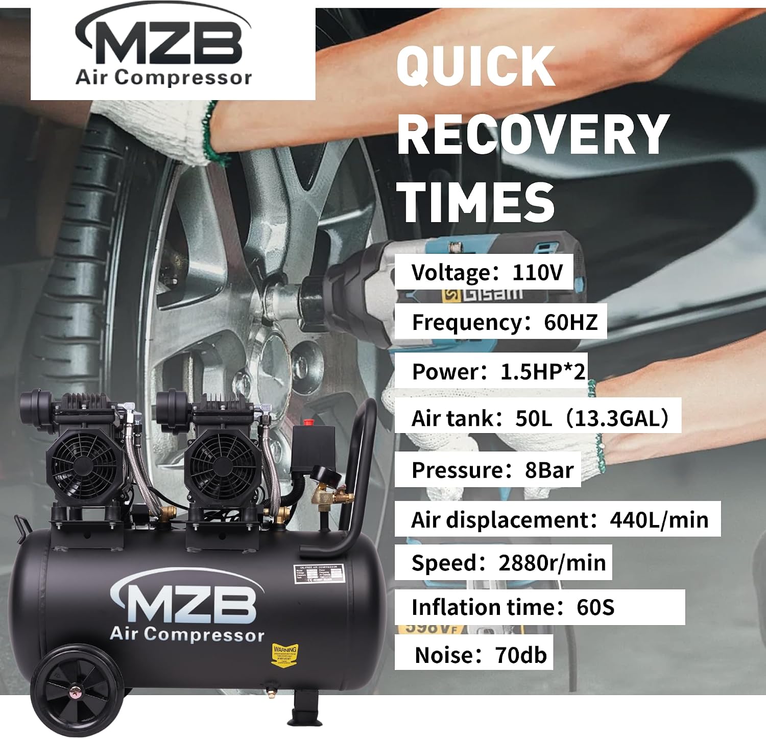 13.2 Gallon Ultra Quiet Air Compressor 115PSI Steel Tanks 70dB Noise Level Oil Free Air Compressor