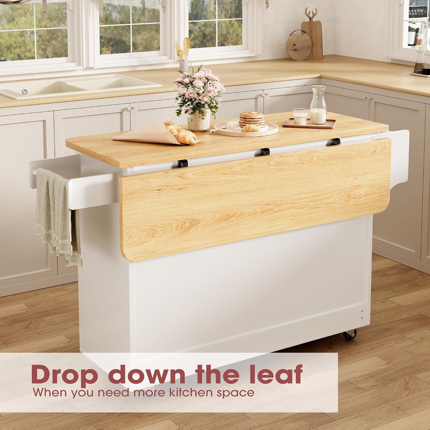 GRUSIGN Kitchen Island with Storage, 41.7' Rolling Cart with Drop Leaf, Portable Island Table on Wheels, Spice Rack, Towel Rack and Drawer, White, 41.7' L x 29.5' W