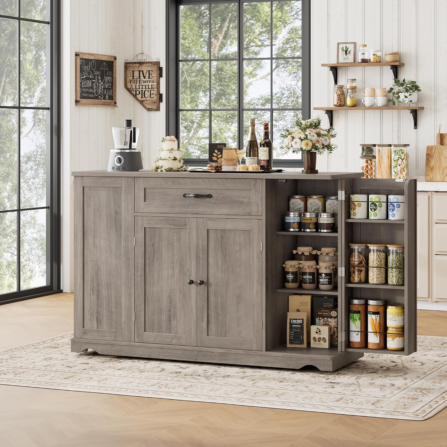 HOSTACK Kitchen Island Cart with Storage, 47'' Kitchen Storage Island on Wheels with 2 Drawers, Rolling Island Table with Adjustable Shelves, Mobile Buffet Sideboard Cabinet for Dining Room, Ash Gray
