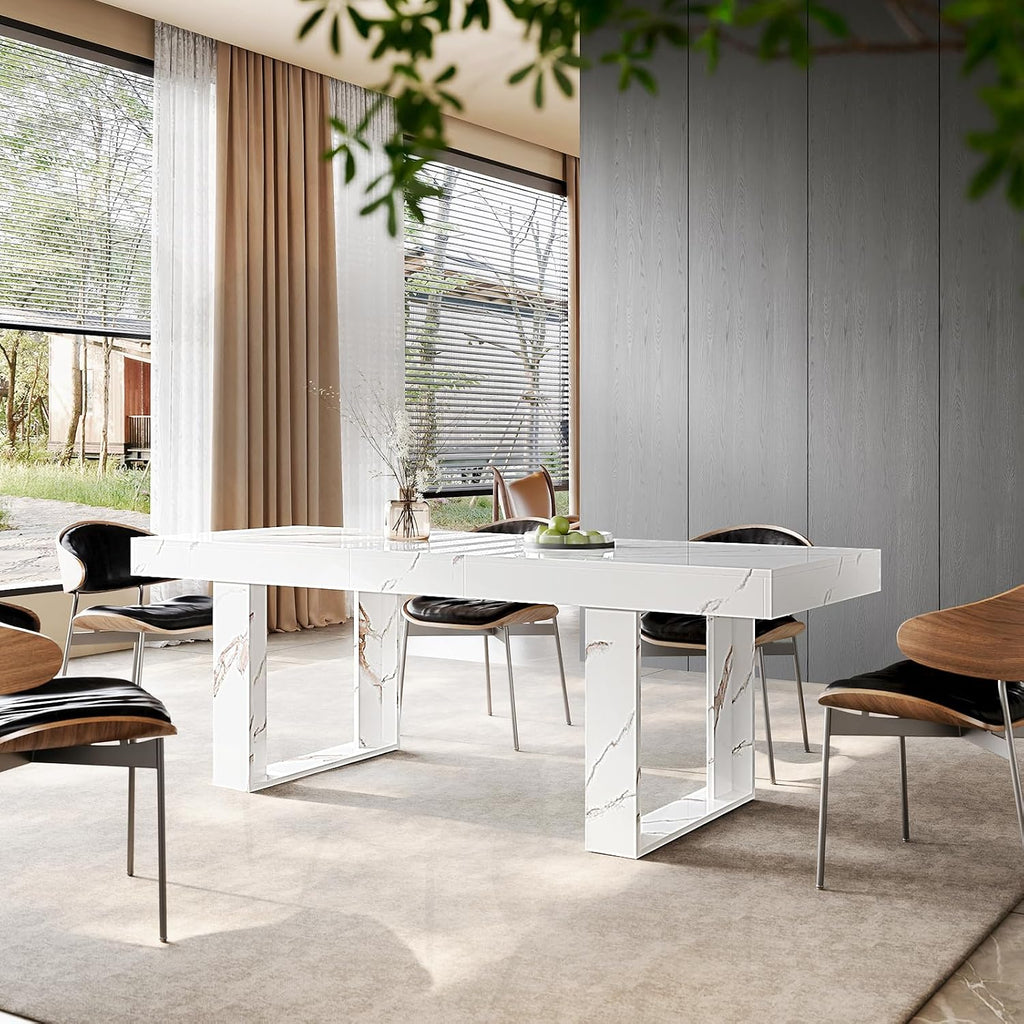 STHOUYN White Marble Extendable Dining Room Table for 8 10, 70.9' (86.6') x 31.5', Rectangle Dinner Table for 6-10, Modern Expandable Retractable Kitchen Table (White)