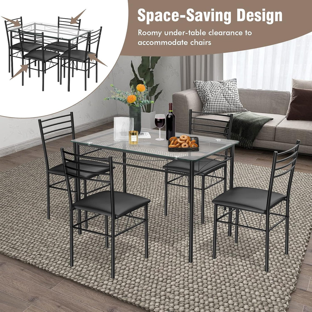 Tangkula Dining Table Set, 5 Pieces Dining Set with Tempered Glass Top Table and 4 Chairs, Kitchen Dining Room Furniture, Black
