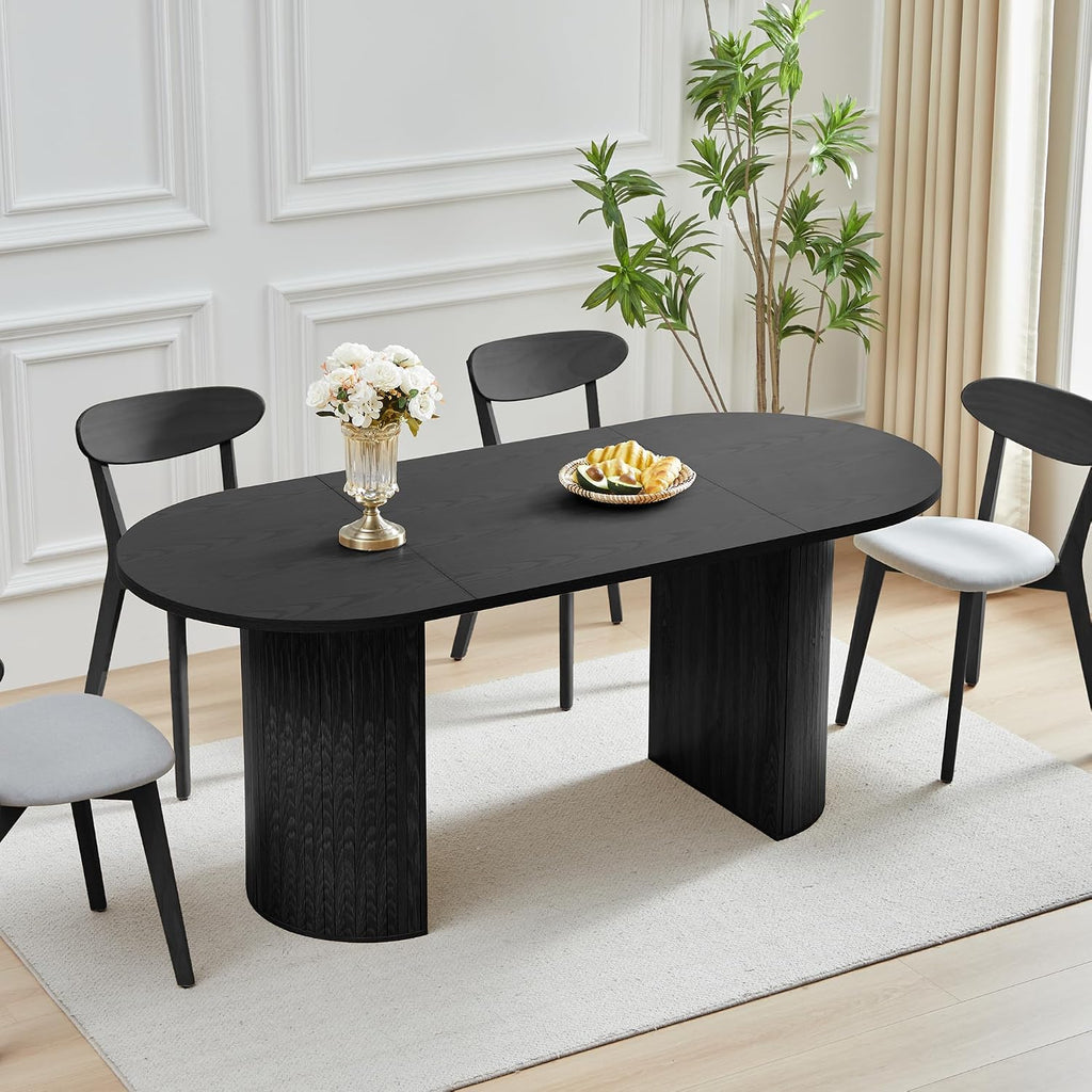 70.8 Inch Dining Table for 4-6 People, Oval Kitchen Table with Semi-Cylindrical Legs Base, Modern Farmhouse Round Dinner Tables for Dining Room Kitchen Living Room (Black)