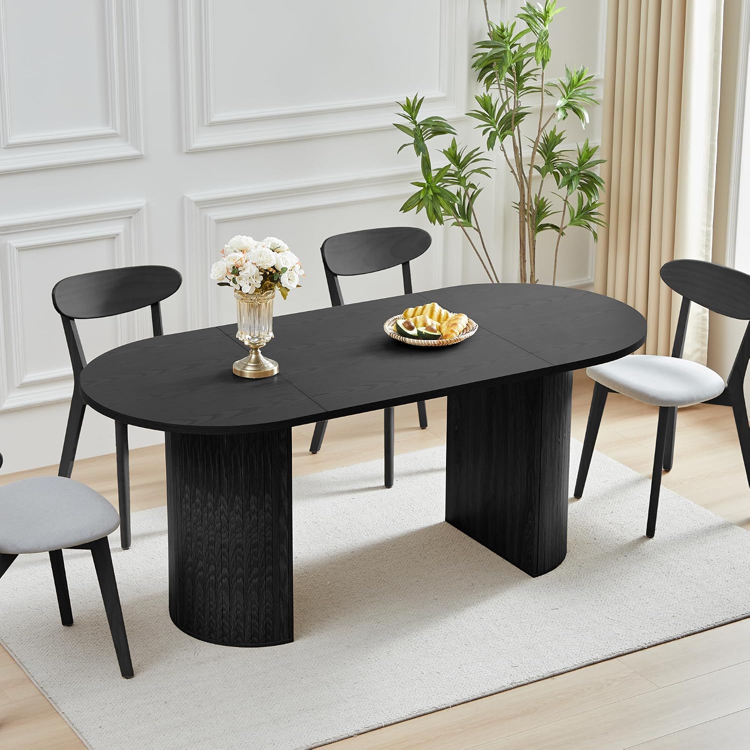 70.8 Inch Dining Table for 4-6 People, Oval Kitchen Table with Semi-Cylindrical Legs Base, Modern Farmhouse Round Dinner Tables for Dining Room Kitchen Living Room (Black)