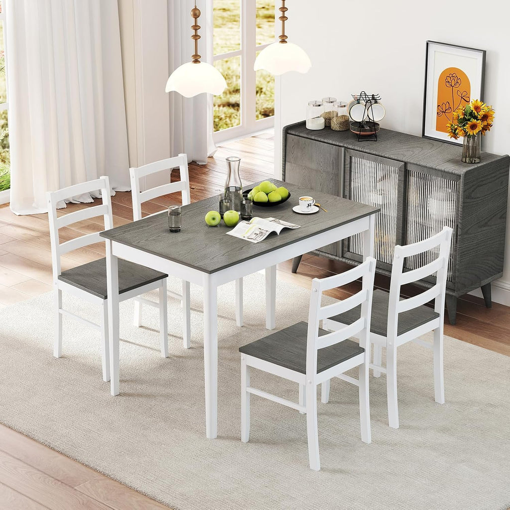 NAFORT 5 Piece Dining Table Set for 4, Farmhouse Solid Wood Kitchen Table Chairs Set of 4, Mid-Century Modern Dinette Set w/Rubber Wood Legs, Dining Room Table and 4 Chairs for Kitchen