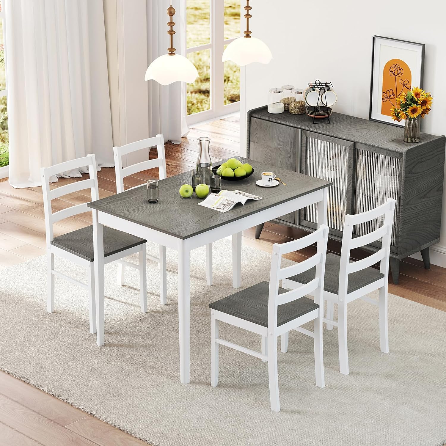 NAFORT 5 Piece Dining Table Set for 4, Farmhouse Solid Wood Kitchen Table Chairs Set of 4, Mid-Century Modern Dinette Set w/Rubber Wood Legs, Dining Room Table and 4 Chairs for Kitchen