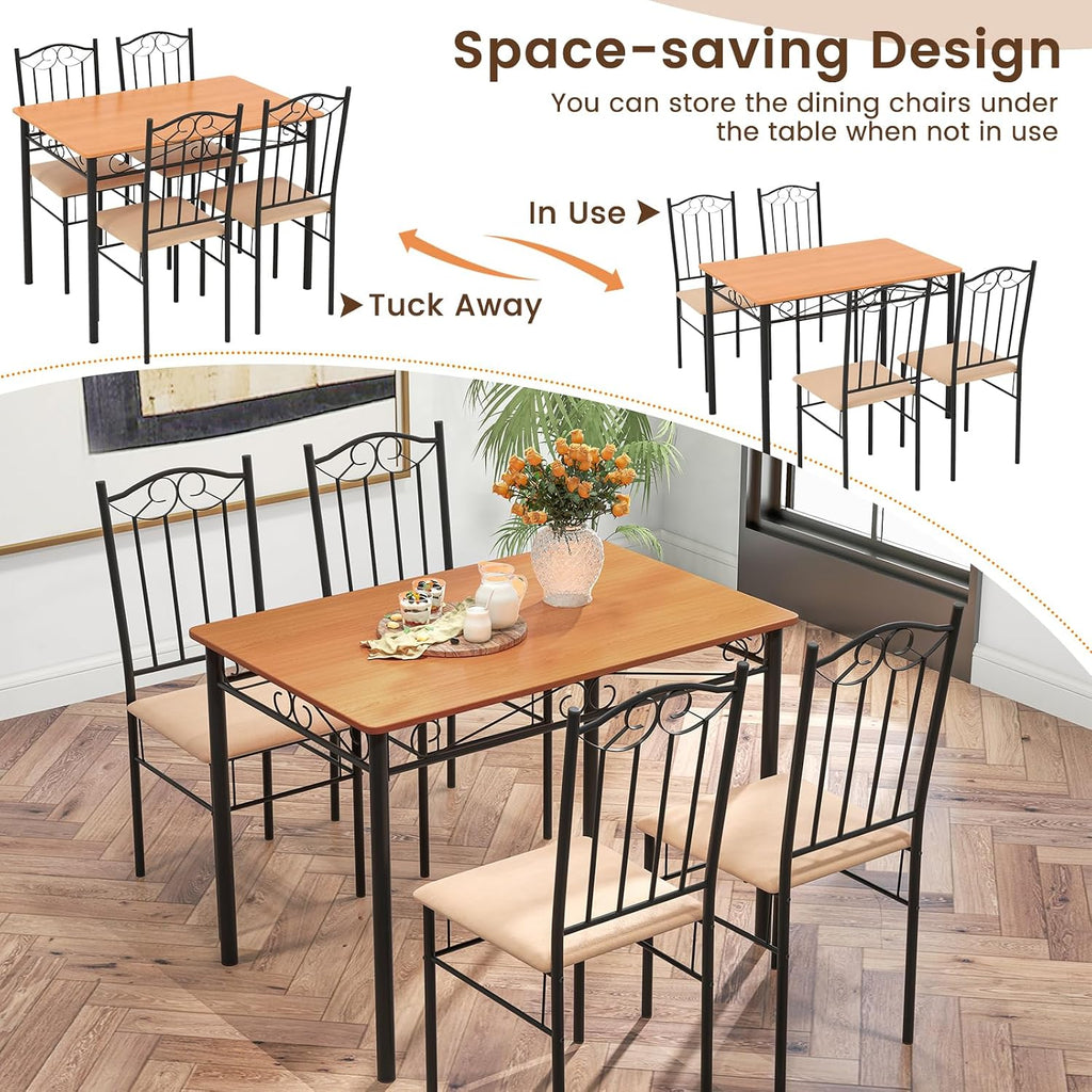 Giantex 5-Piece Dining Set for 4, Modern Wood Kitchen Table with Upholstered Chair, Space-Saving Dinner Table Set for Dinette, Restaurant, Living Dining Room Furniture