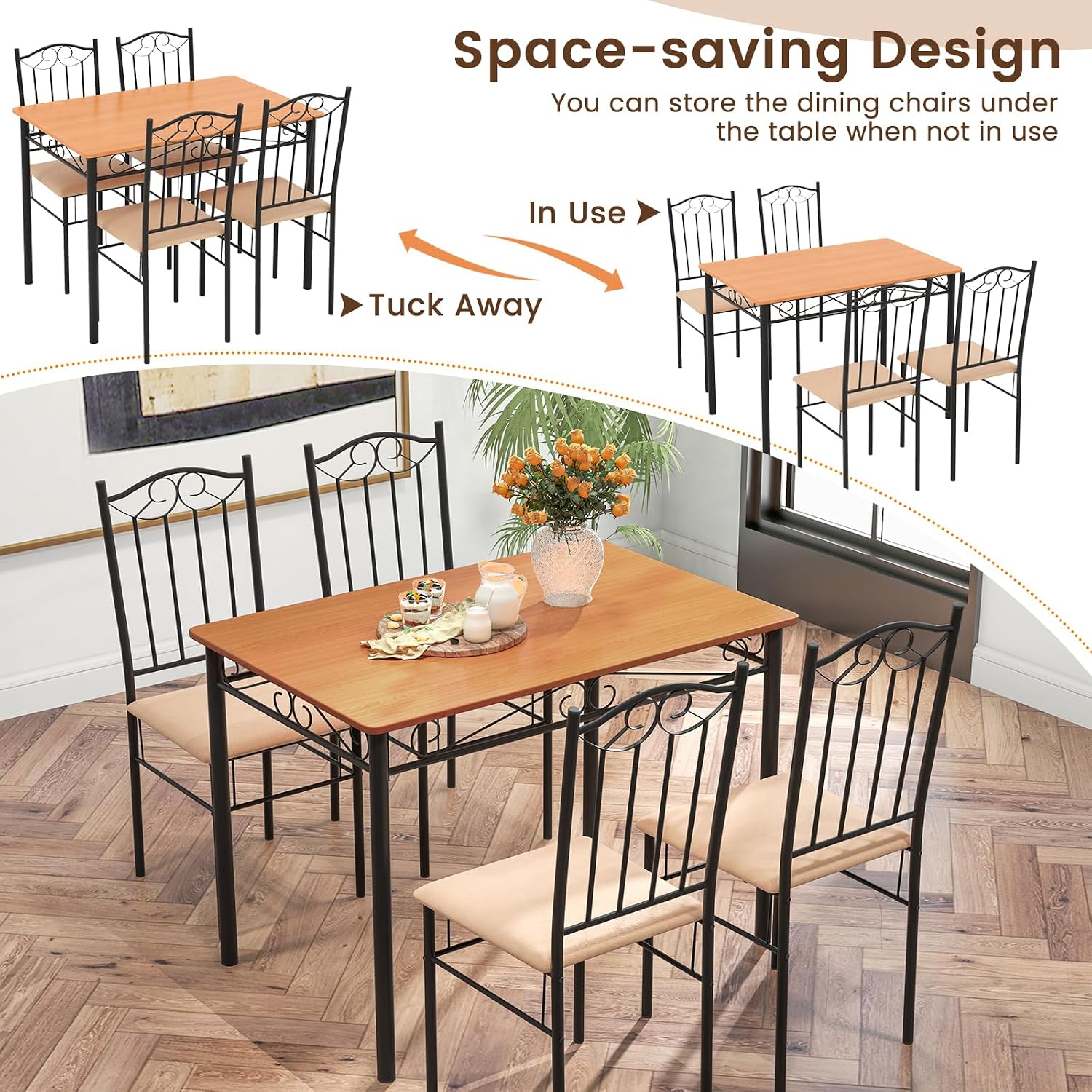 Giantex 5-Piece Dining Set for 4, Modern Wood Kitchen Table with Upholstered Chair, Space-Saving Dinner Table Set for Dinette, Restaurant, Living Dining Room Furniture